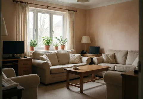 Cozy senior living lounge featuring beige sofas, a wooden table, and potted plants near a window with light terracotta plaster walls