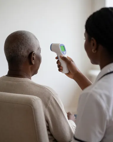 A nurse measures the temperature of an elderly patient seated in a chair within a bright room with white walls and natural light.