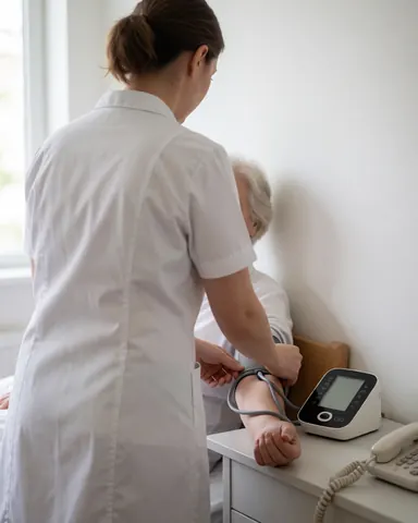 A nurse adjusts a digital blood pressure monitor on an older patient's arm in a bright room with white walls and natural light.