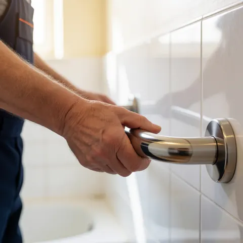 Close-up of a hand holding a stainless steel safety bar in a white tiled bathroom with warm lighting.