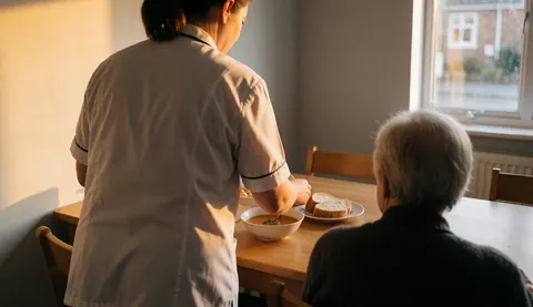 Caregiver serving soup to a senior at a wooden table with warm lighting, depicting home care service.