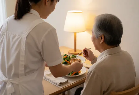 A caregiver serves a meal to an older adult at a table with a lamp and a plate of vegetables and chicken.