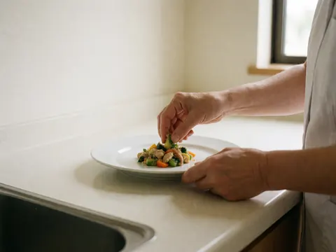 Caregiver hands placing healthy food on a white plate in a clean kitchen with natural light for seniors
