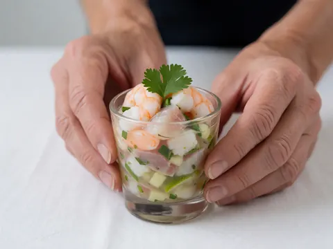 Shrimp ceviche with lime in a glass cup served with cilantro on a white table