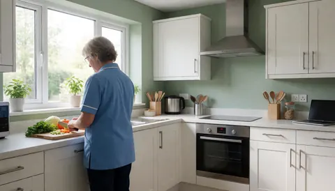 Caregiver preparing food in a modern kitchen with a window, green walls, and space for text.