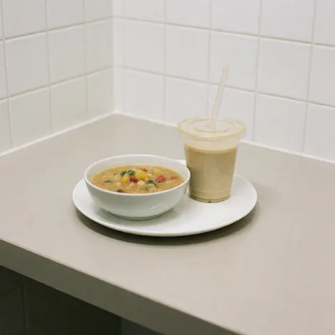 White plate with colorful pureed food and a lidded cup with straw on a clean tiled counter, suitable for senior care facilities.