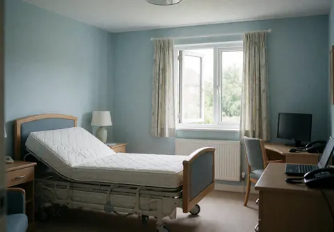 Hospital bed in senior care room with blue walls, natural light from window, and organized furniture for older adults.