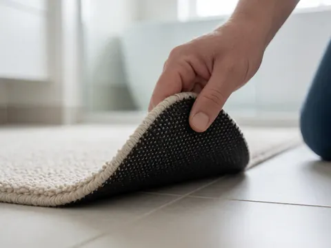 Close-up of a hand lifting the corner of a black non-slip bath mat to reveal the smooth tiled floor underneath, highlighting safety features for elderly care.