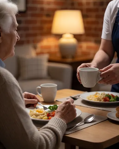 A caregiver pours water for a senior woman eating a meal at a table in a room with a brick wall and warm lighting.