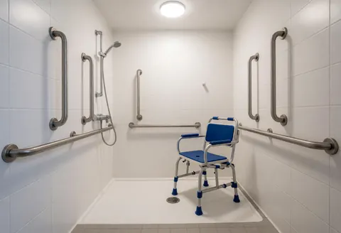 Modern senior bathroom featuring a blue shower chair, stainless steel grab bars, and non-slip flooring for safety and accessibility.