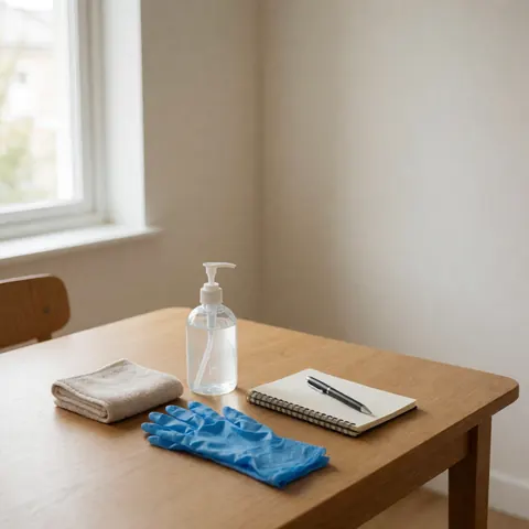 Senior care kit with gloves, sanitizer, towel, and notebook on wooden table with natural light