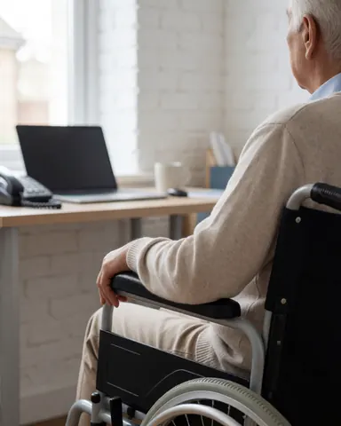 Senior individual in a wheelchair using a laptop in an office with a white brick wall and natural light from a window