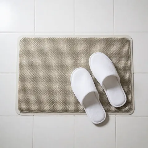 Close-up of a textured non-slip bath mat and white slippers on white tiled floor for senior care safety