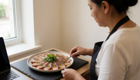 Ceviche with raw fish, yellow chili sauce, and cilantro prepared on a table near a window