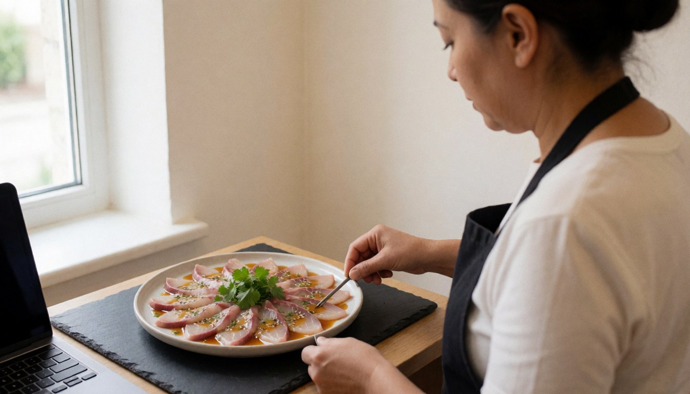 Ceviche with raw fish, yellow chili sauce, and cilantro prepared on a table near a window