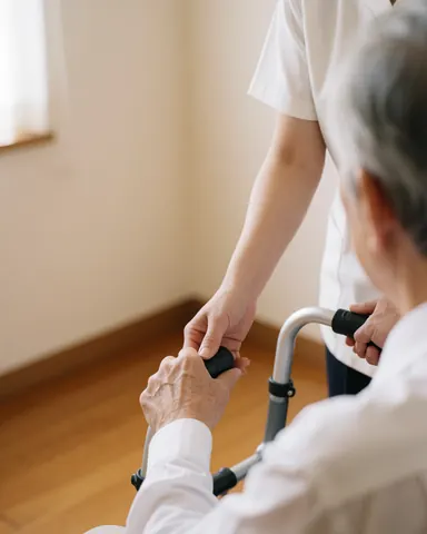 Caregiver helping an older adult holding a crutch in a room with polished wood floors and beige walls