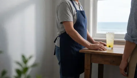 Cocktail with ice in a glass on a wooden table near a window with a sea view, person wearing an apron, light gray wall, text space on the left