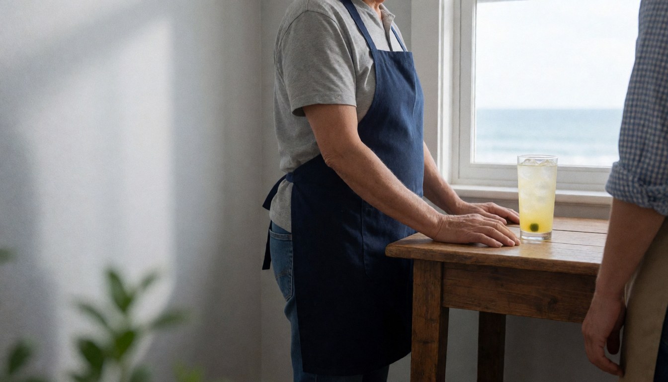 Cocktail with ice in a glass on a wooden table near a window with a sea view, person wearing an apron, light gray wall, text space on the left