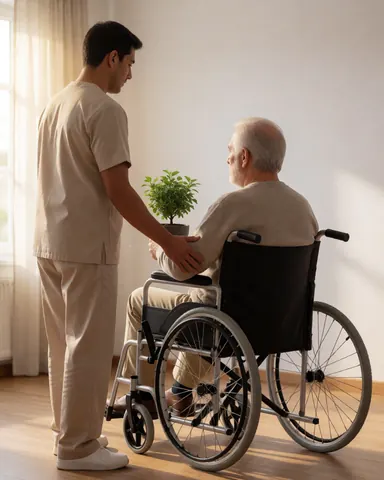 A caregiver in beige uniform helps a senior citizen in a wheelchair holding a potted plant in a bright room with white walls.