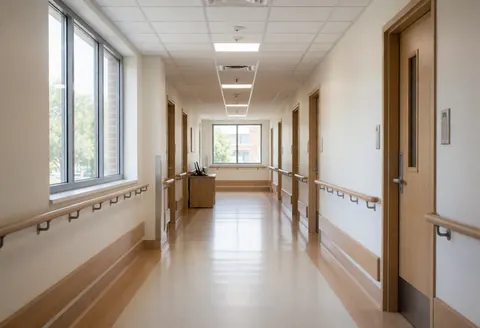 A clean and orderly senior care facility hallway featuring supportive handrails, large windows, and a polished floor for safety.