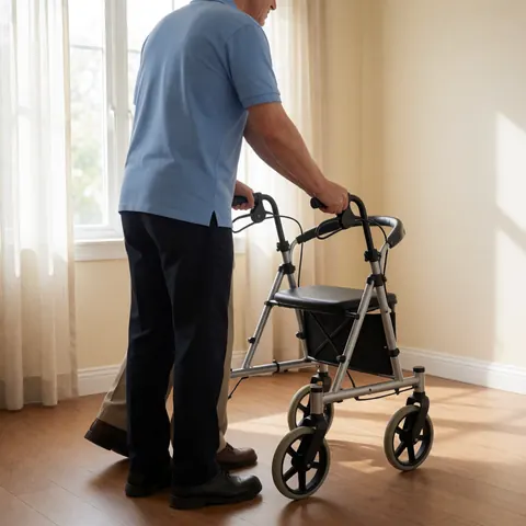 A caregiver helps an older adult use a four-wheeled walker in a room with wood floors and beige walls lit by morning light.