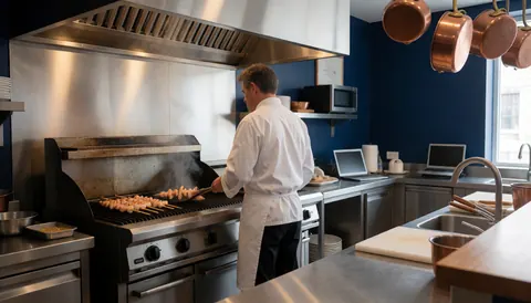 Chef preparing ceviche on an industrial grill in a modern kitchen with blue walls and hanging copper pots