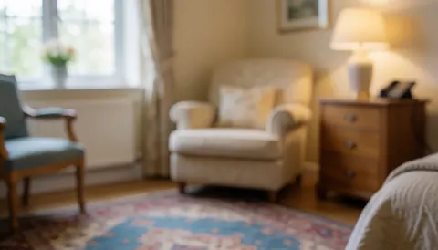 A senior care room featuring a bed, armchair, rug, and window with natural light, ideal for text backgrounds.