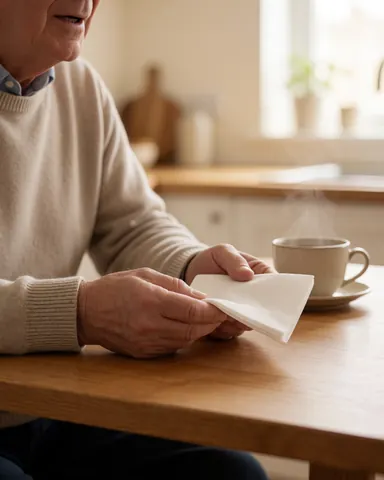 Close-up of an older person's hand holding a white towel on a wooden surface with a steaming tea cup nearby in a cozy kitchen setting.