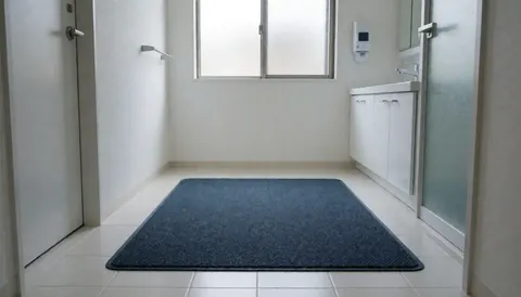 Clean modern bathroom featuring a blue non-slip bath mat, chrome faucet, shower, and towel rack for senior safety