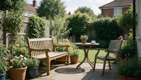 Outdoor patio featuring a wooden table and chairs surrounded by potted plants, suitable for senior care business websites