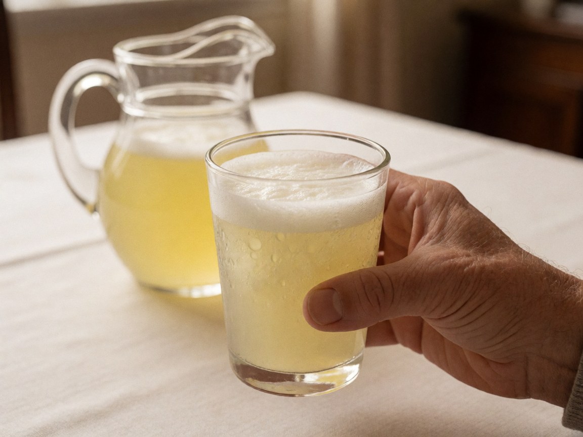 A hand holding a glass of pisco sour with foam on a white tablecloth near a glass partition.