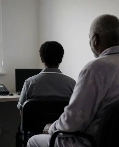 Back view of caregiver attending to seated elderly client in a room with a computer and phone, depicting night care service.
