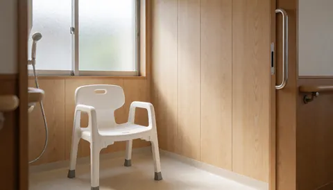 White shower chair in senior bathroom with light wood walls, frosted window, and safety grab bars
