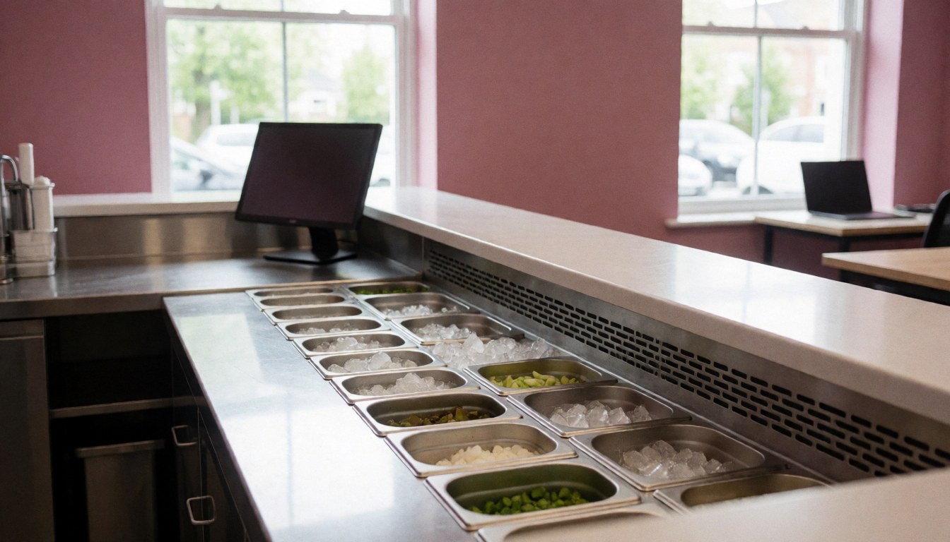 Ceviche bar counter displaying fresh ingredients on ice in stainless steel containers against pink walls with natural light