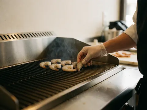 Fresh shrimp being placed on a stainless steel grill by a gloved chef in a kitchen with warm white walls.