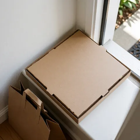 Sealed pizza box and paper delivery bag resting on a threshold near a white wall and window under natural light