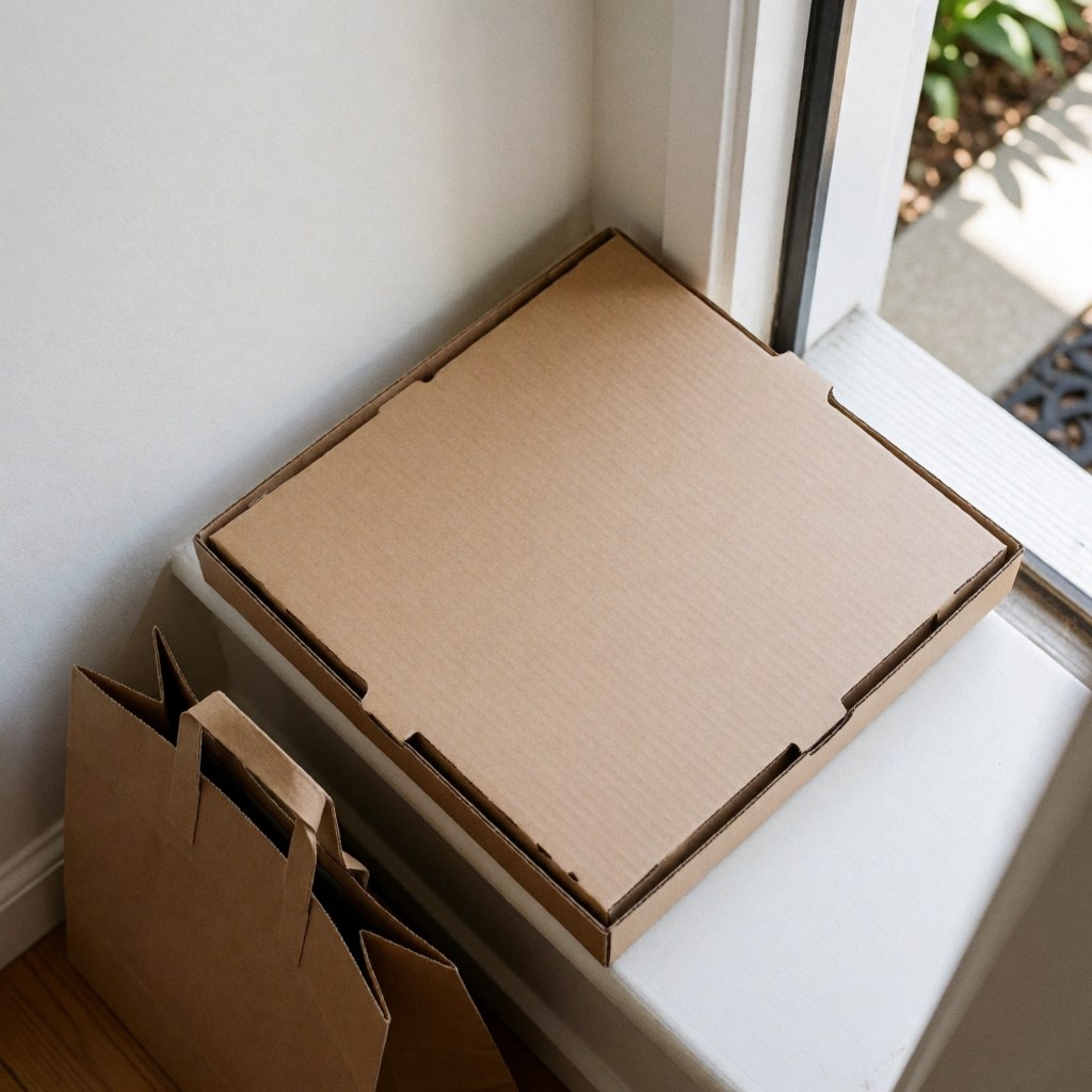 Sealed pizza box and paper delivery bag resting on a threshold near a white wall and window under natural light