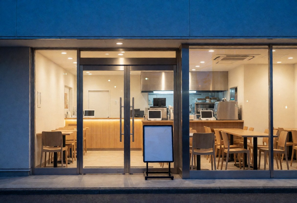 Restaurant entrance featuring tables, chairs, and a blank menu board with warm modern lighting.
