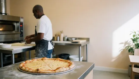 Freshly baked cheese pizza on a stainless steel counter with a chef working in the background of a modern pizzeria.