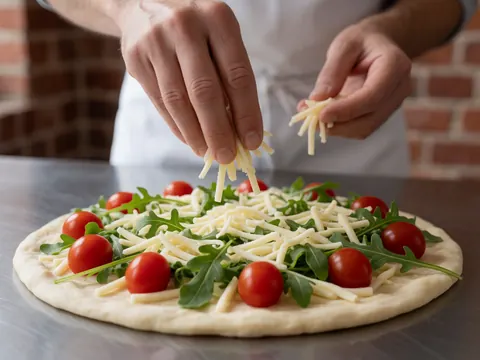 Hands adding vegan cheese to a pizza with cherry tomatoes and fresh arugula on a stainless steel table.