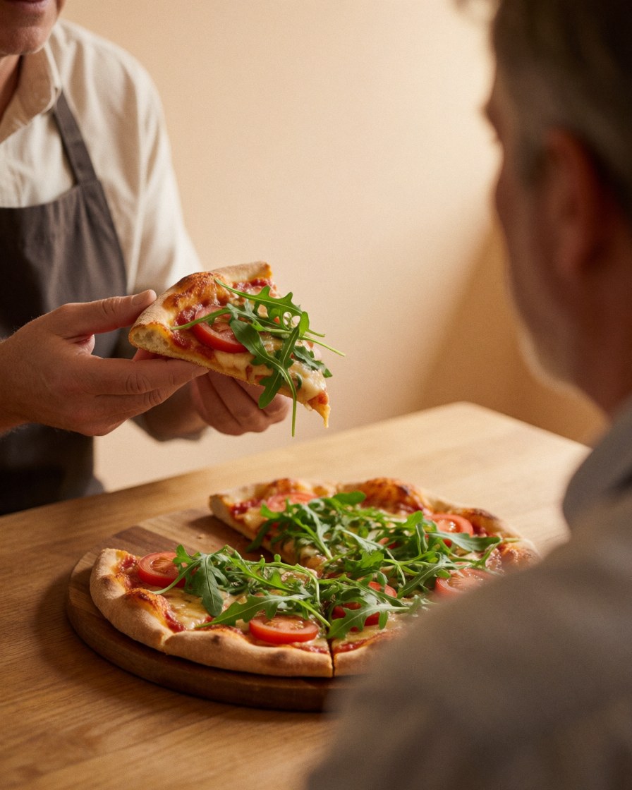 A customer receives a slice of fresh pizza topped with arugula and tomato at a pizzeria with beige walls and a wooden table.