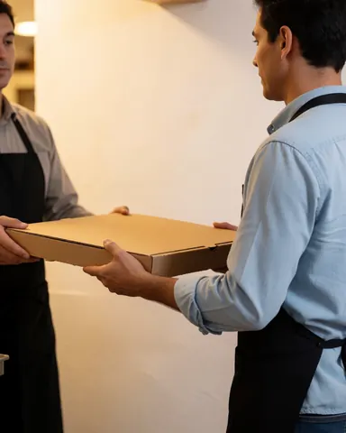 A pizzeria employee hands a pizza box to a client in a warmly lit room with white walls, capturing service in action.