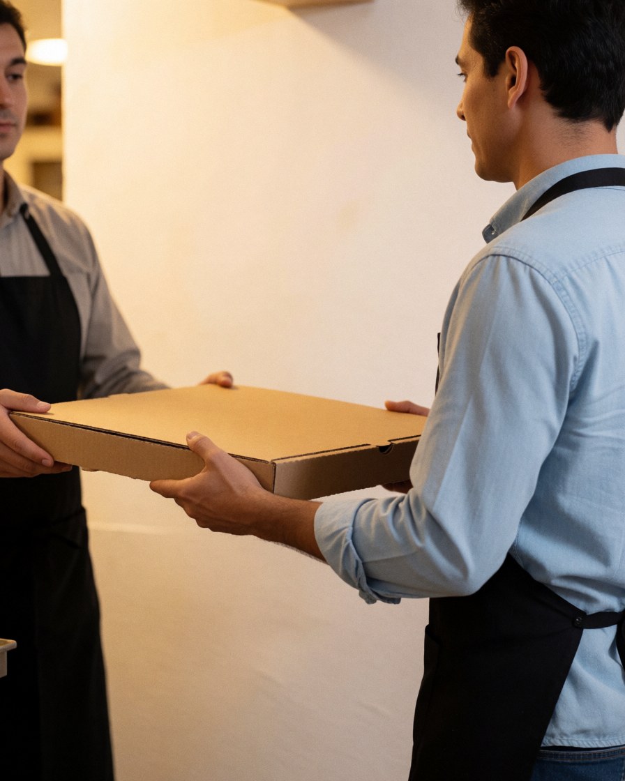A pizzeria employee hands a pizza box to a client in a warmly lit room with white walls, capturing service in action.