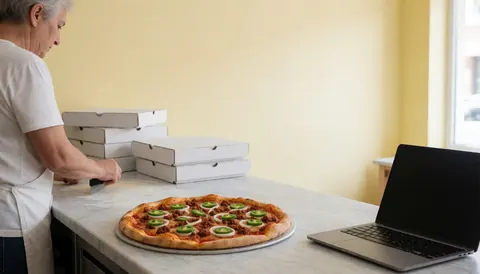 Pizza topped with chorizo and jalapeno on a marble table in a pizzeria with pale yellow walls and text space