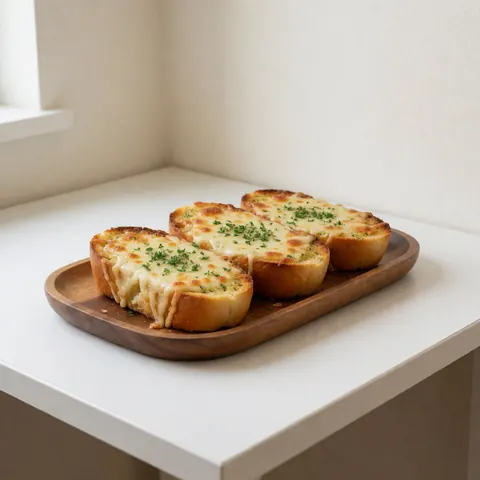 Three slices of toasted bread with melted cheese and fresh parsley on a wooden plate over a white table with natural light.