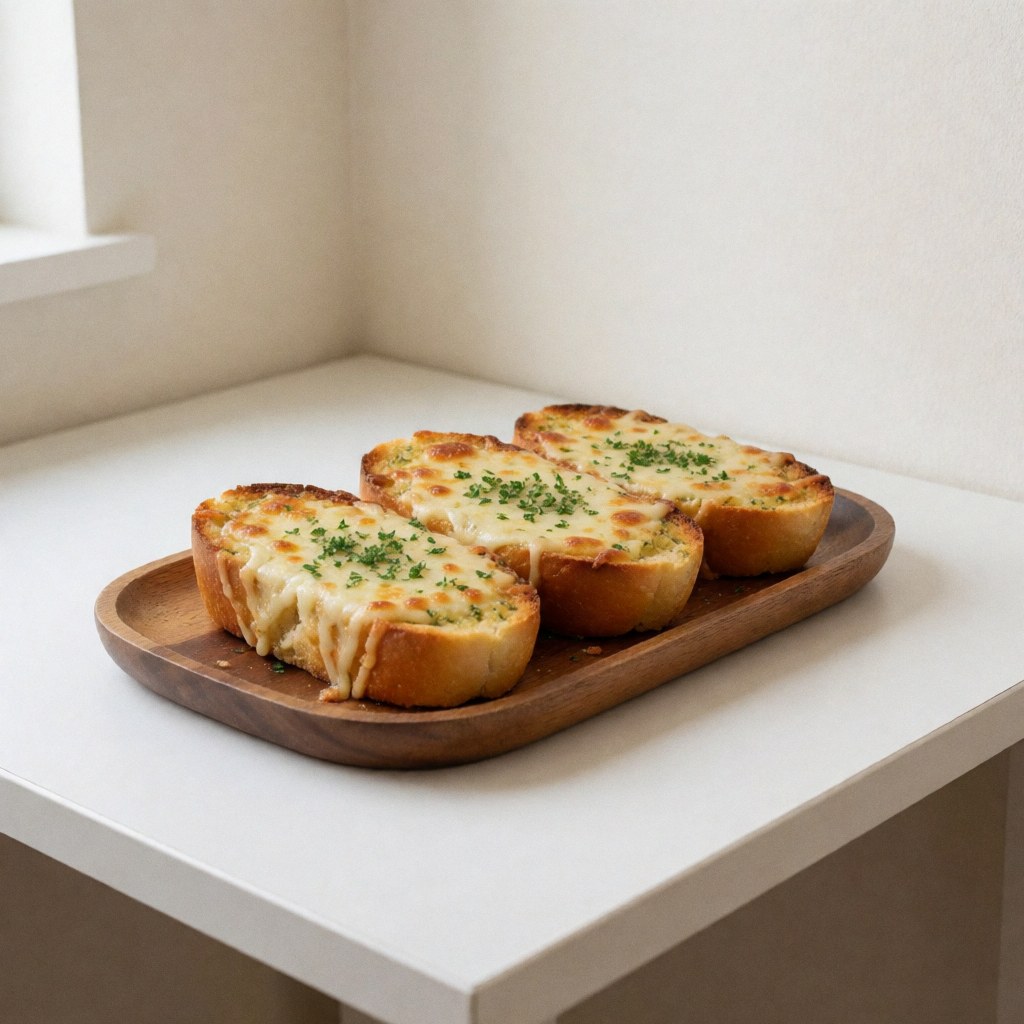 Three slices of toasted bread with melted cheese and fresh parsley on a wooden plate over a white table with natural light.