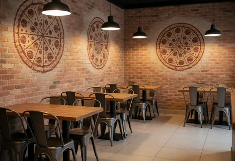 Pizzeria interior featuring wooden tables, metal chairs, and pizza murals on brick walls with warm lighting.