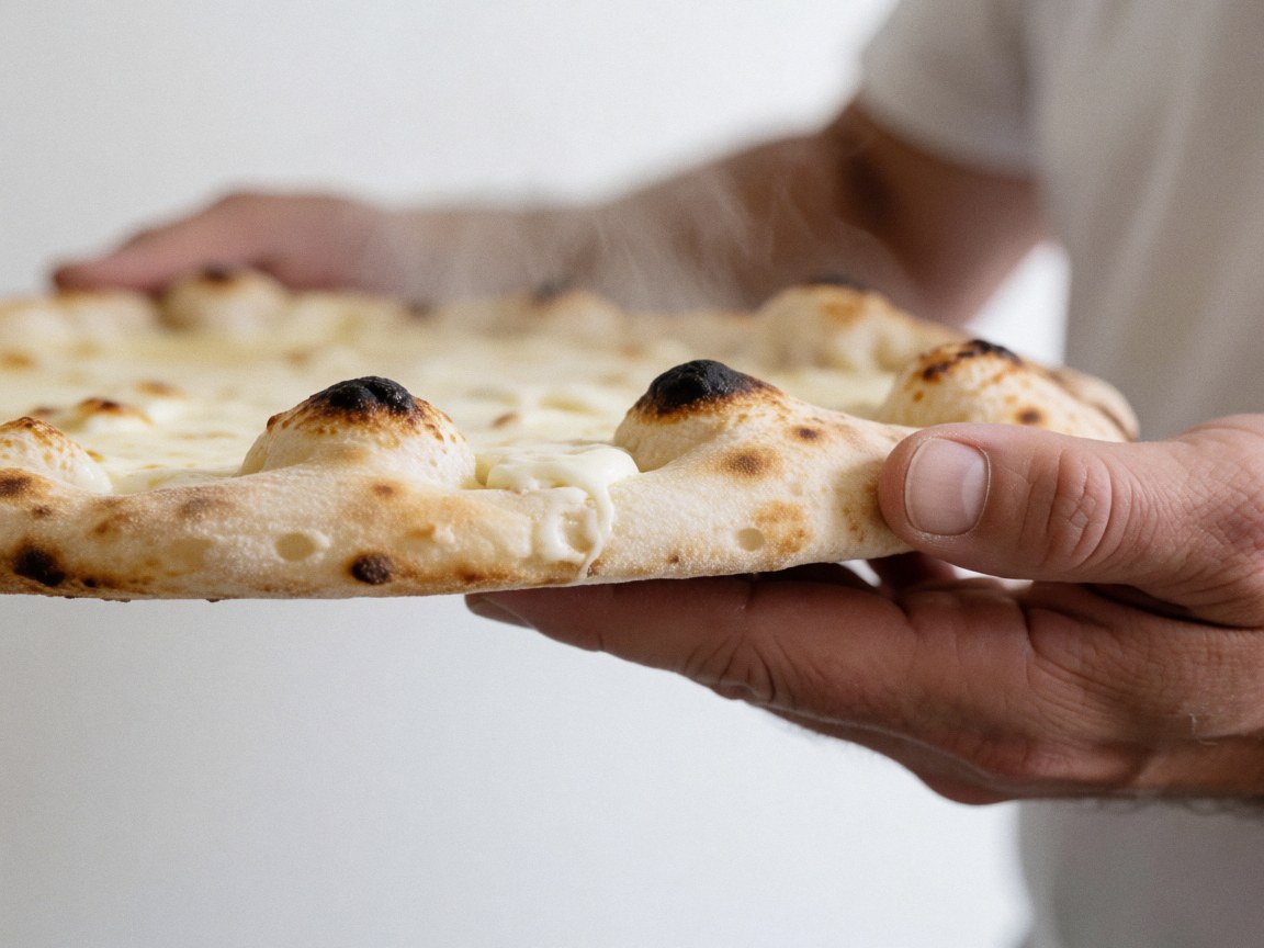 Hands holding a freshly baked white cheese pizza with steam rising against a white background