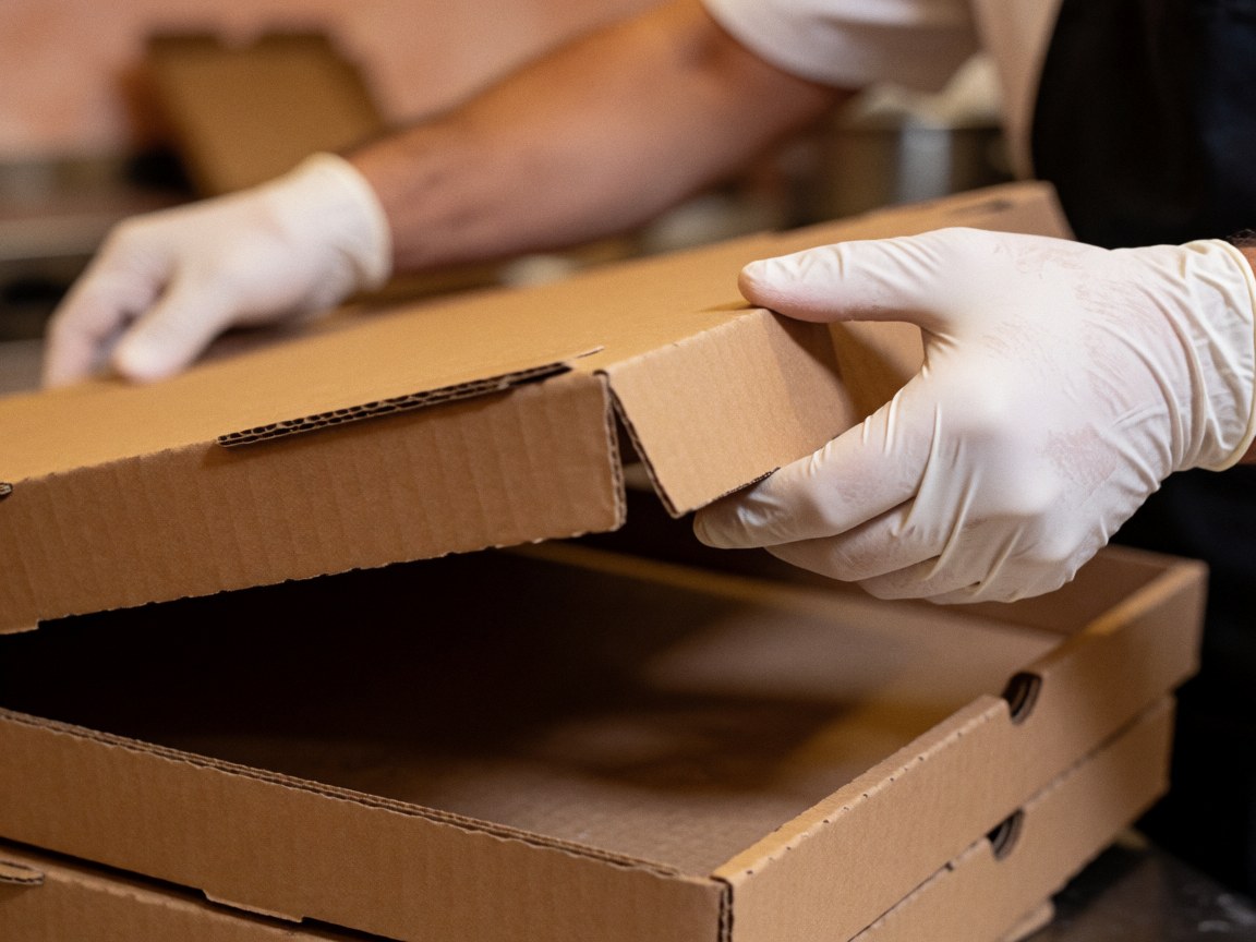 Gloved hands seal a cardboard pizza box in a kitchen with terracotta walls, preparing it for delivery.