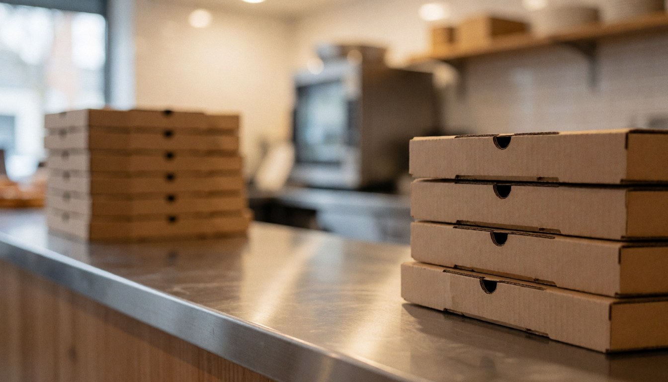 Stacked pizza boxes on a stainless steel counter in a pizzeria with warm lighting and a blurred background